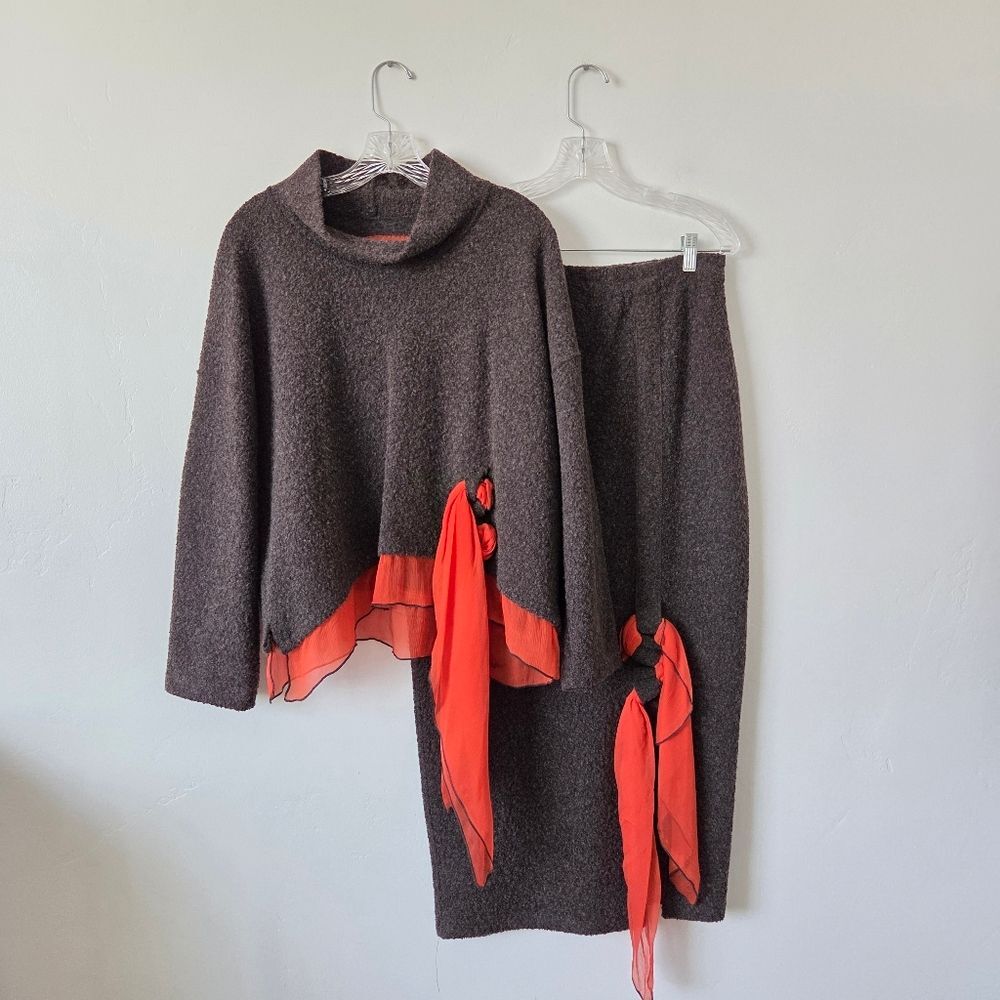 Oliver Jung Paris Sweater Skirt Set Wool Brown Orange Lagenlook Designer Artsy